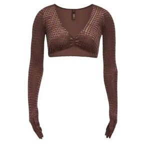 SKIMS Brown Velvet Long Sleeve Gloved Crop Top Set NWT